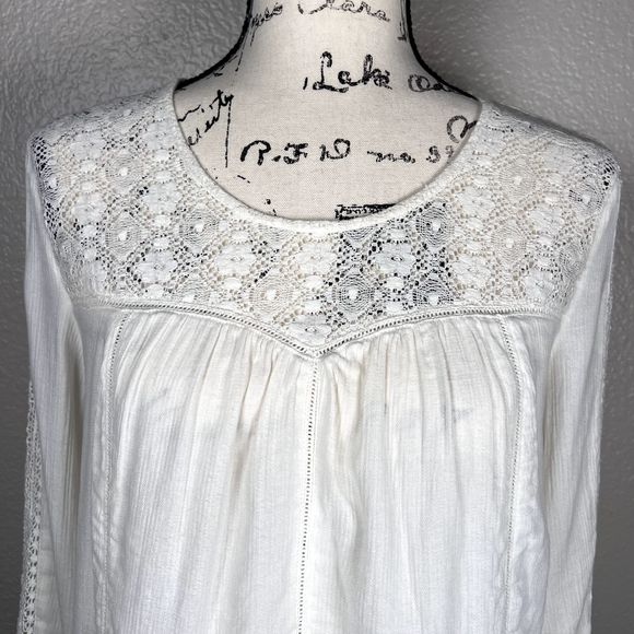 Hinge Sz S 3/4 Sleeve Sweetheart Lace Bodice Blouse White Lace Accents Boho - Picture 5 of 13